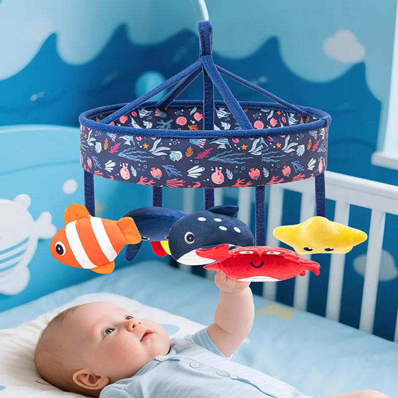 Hochet suspendu de chevet de bébé en peluche douce, jouets kawaii, poisson d'océan en peluche, berceau Musical, anneau de hochet Mobile rotatif, jouets éducatifs