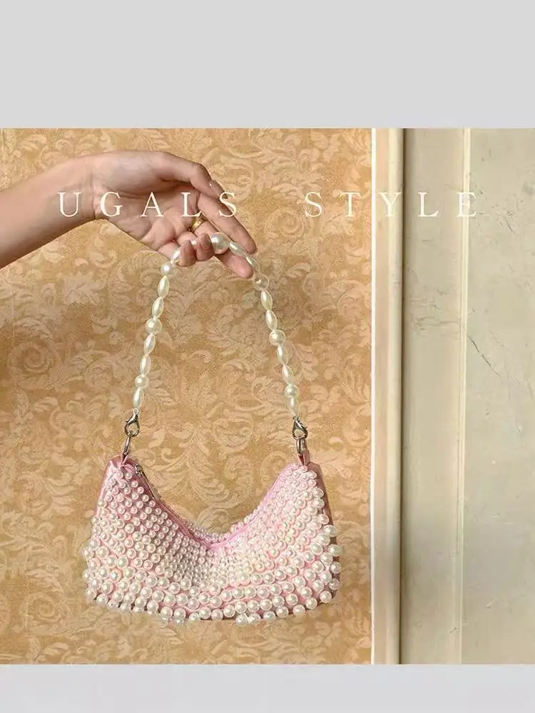 

High Quality Fashion Beads Beaded Handmade Women Handbag Pearl Beading Satin Clutch Purse Wedding Party Banquet Bag Shoulder Bag