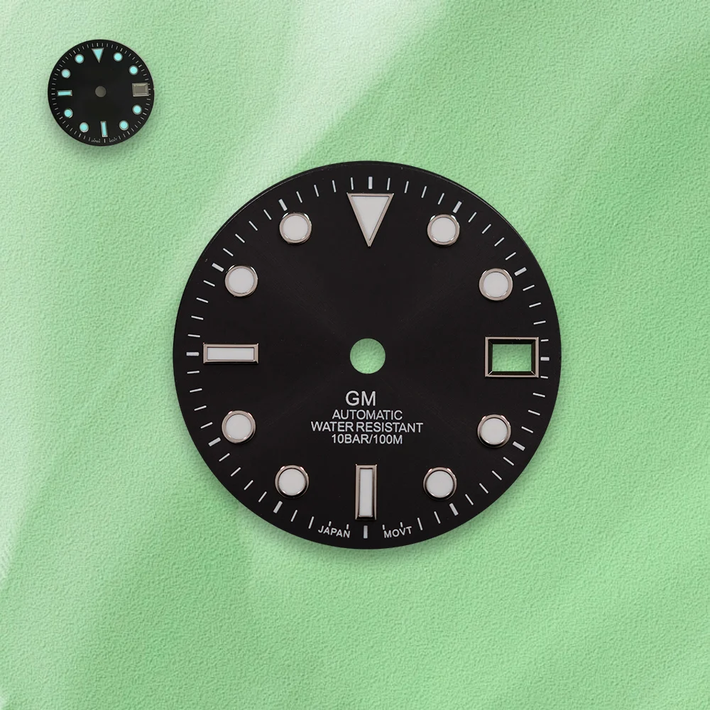 Vendite calde 28,5 mm S Logo quadrante nero GMT Cornice calendario argento Blu ghiaccio Luminoso Fit NH34 Movimento Orologio Accessori per la modifica