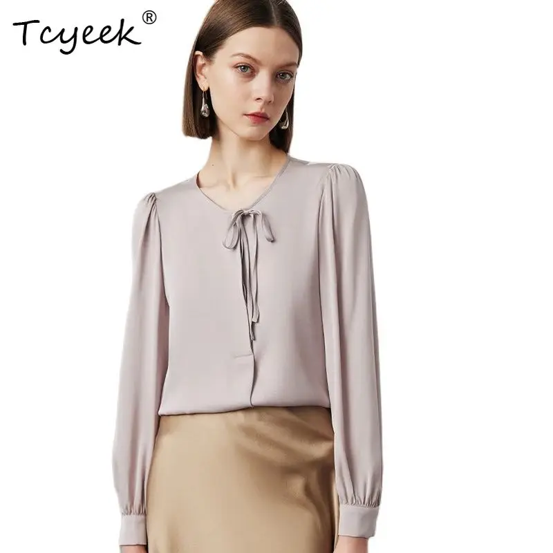 

Tcyeek, 19MM 90%Natural Silk Elegant Shirt, Women Long Sleeve O Neck, Retro Chinese Commute Blouse, 2024 Summer Fall T47376QC