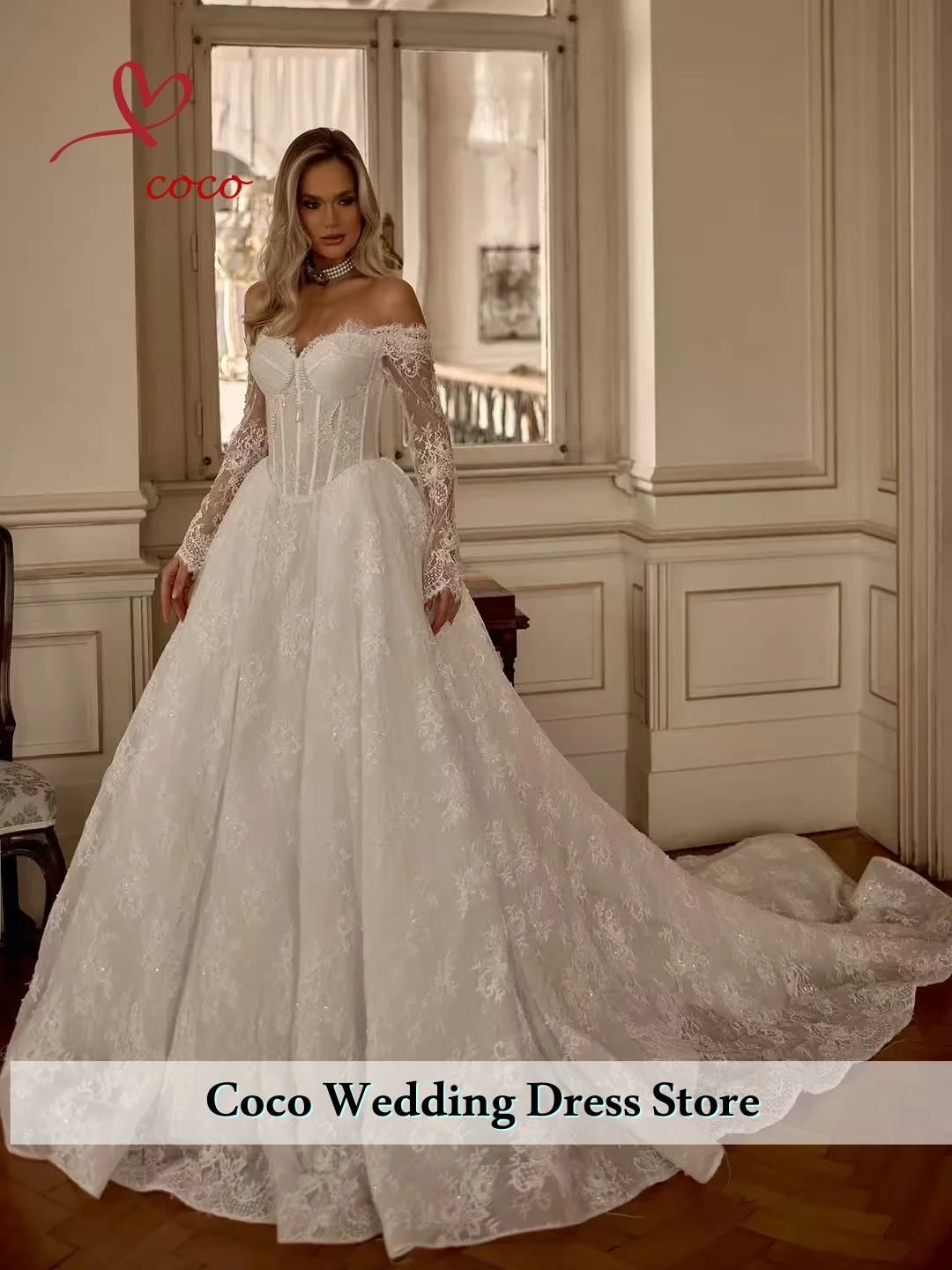 

Customized Off-Shoulder Lace Sweetheart Ball Gown Wedding Dress With Pearl Decoration Vent A-line Long Sleeves Bridal Gowns