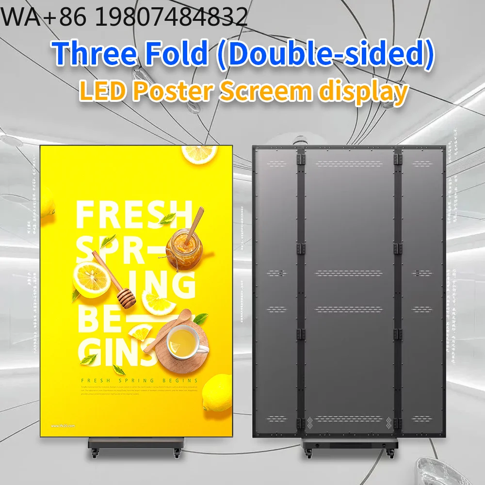 LED Full Color Portable Folding Billboard Banner Panel, P2.5mm Digital Signage Kiosk Vertical Floor Stand LED Poster Totem