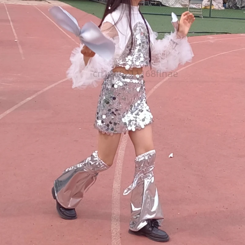 Vestido de performance de dança jazz para meninas, conjunto moderno de malha de couro brilhante da moda feminina, vestido de desfile de moda hip hop modelo