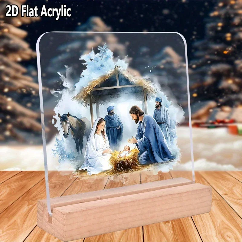 2D Flat 1pc Christmas Nativity Scene Acrylic Desktop Decoration with Base - Festive Stable Scene with Mary, Joseph, Jesus