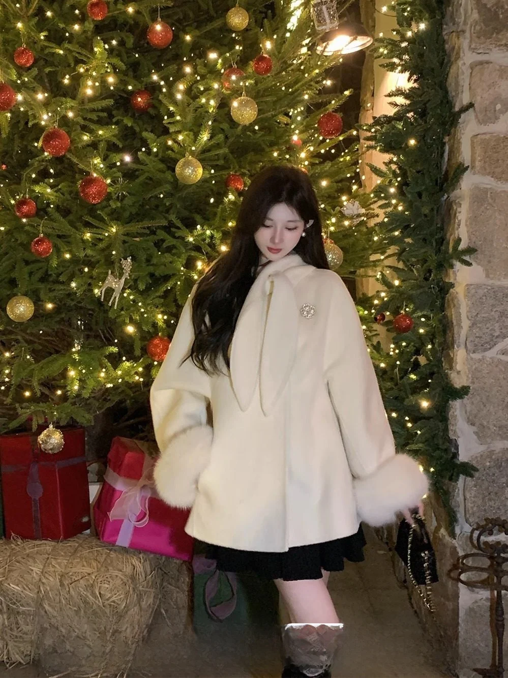 

Теплое шерстяное двустороннее пальто с меховым воротником и капюшоном с кроличьими ушками для женщин, осенне-зимняя верхняя одежда, модное, для повседневной носки