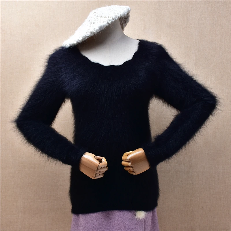 Ladies Women Autumn Winter Clothing Black Hairy Mink Cashmere Knitted O-Neck Long Sleeves Slim Blouses Pullover Sweater Jumper