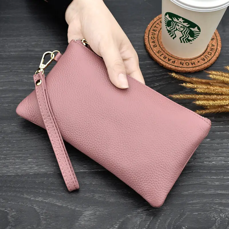 Simple Style High Capacity Womens Genuine Leather Phone Holder Long Purse Zipper Clutches HandBag with Wrist Strap