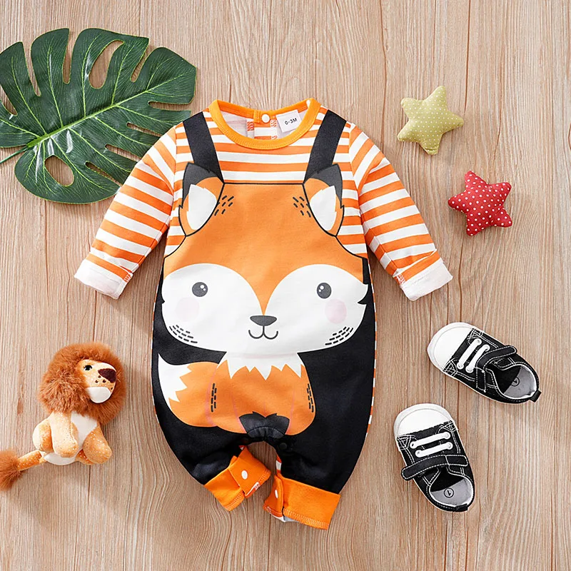 

Boy And Girl Baby Jumpsuit Cartoon Fox Spring And Autumn Round Neck Long Sleeved Baby Pullover Crawling Suit Ha Yi