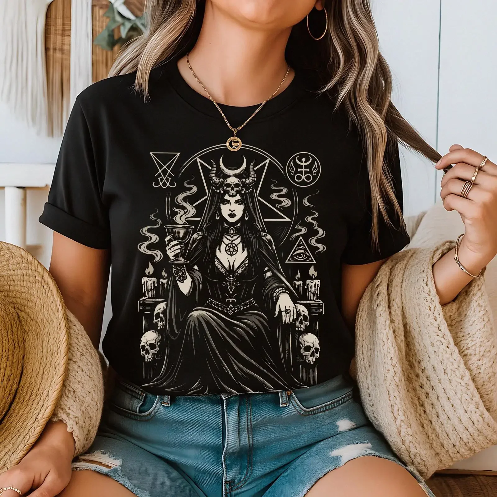 Dark Feminine Priestess T Shirt Witchcraft Occult Goddess Gothic Pagan Witchy vintage Washed Casual graphic Stretched Soft