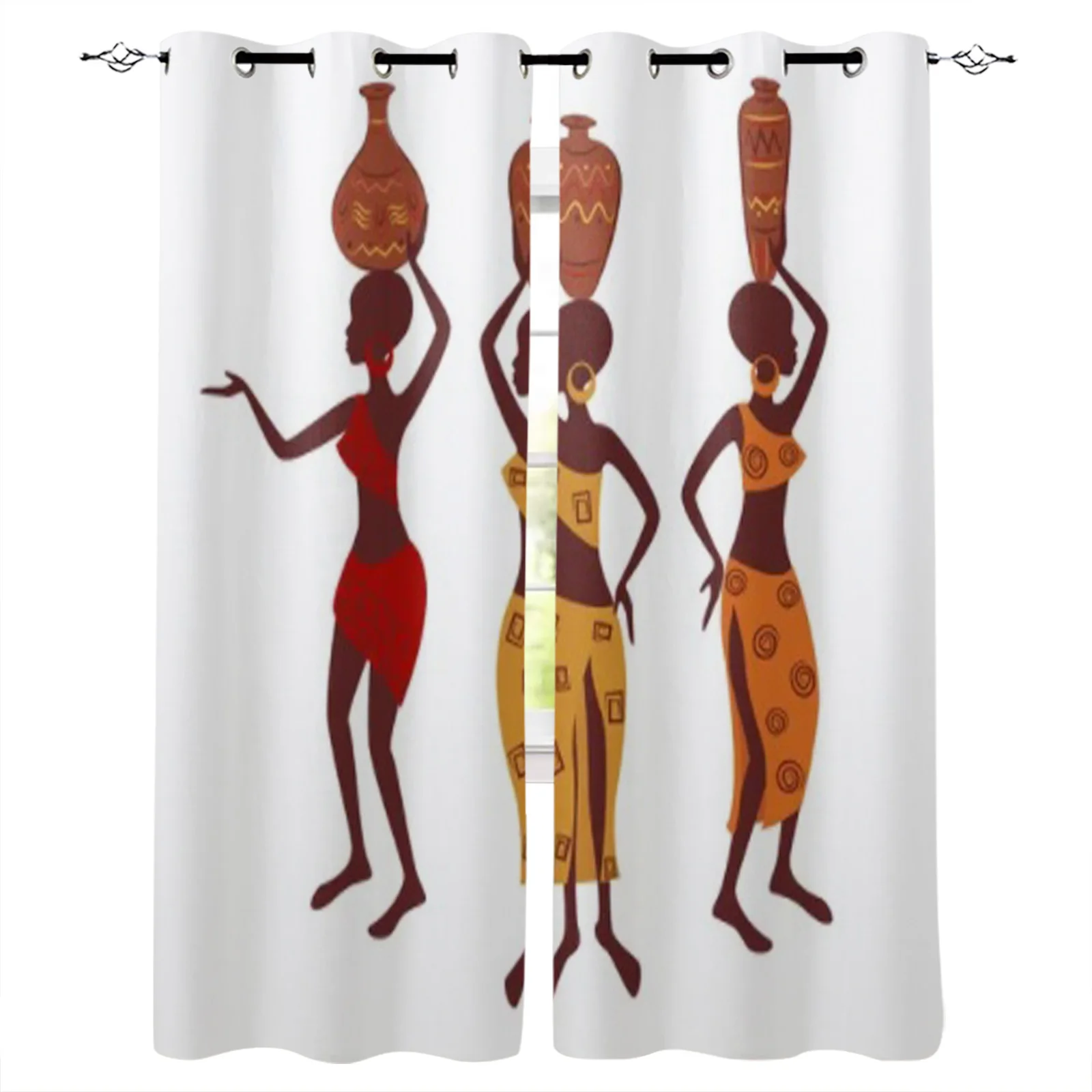 Ethnic Woman With Pottery Vector Illustration Isolated On White Background Window Curtains For Home Living Room Bedroom Curtains