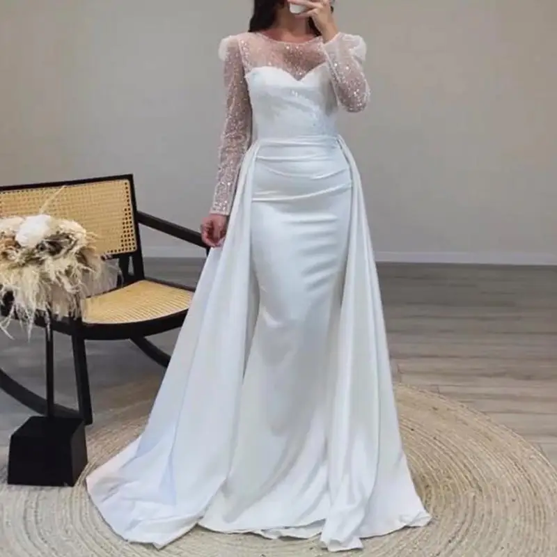 Customized Eelgant Quality Women Evening Dresses Long Sleeve Sequined Satin Meramid Formal Occasion Wedding Party Prom Dress