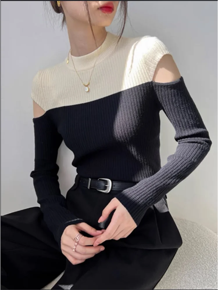 Women's Casual Round Neck Long Sleeved T-shirt Off Shoulder Color Blocked Fashionable Elegant Street Dating Autumn Top