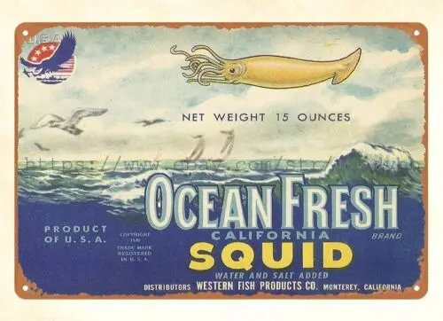 Ocean Fresh Brand California Squid metal tin sign modern home wall art sign