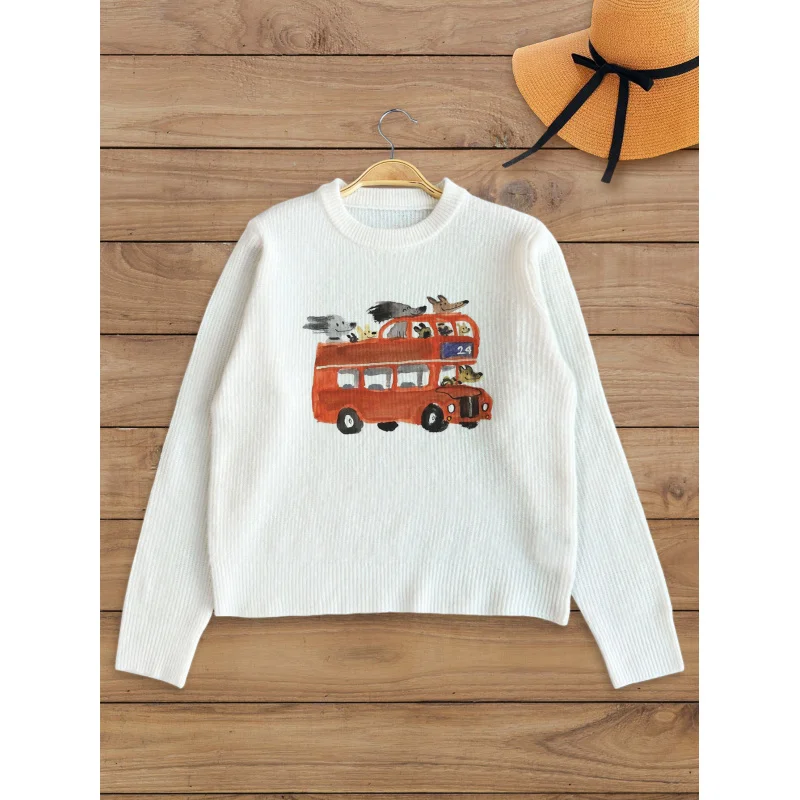 

Red Bus Print Pattern Women's Knit Pullover Thick, Oversized Crew Neck Long Sleeve Fall/Winter Fashion Style