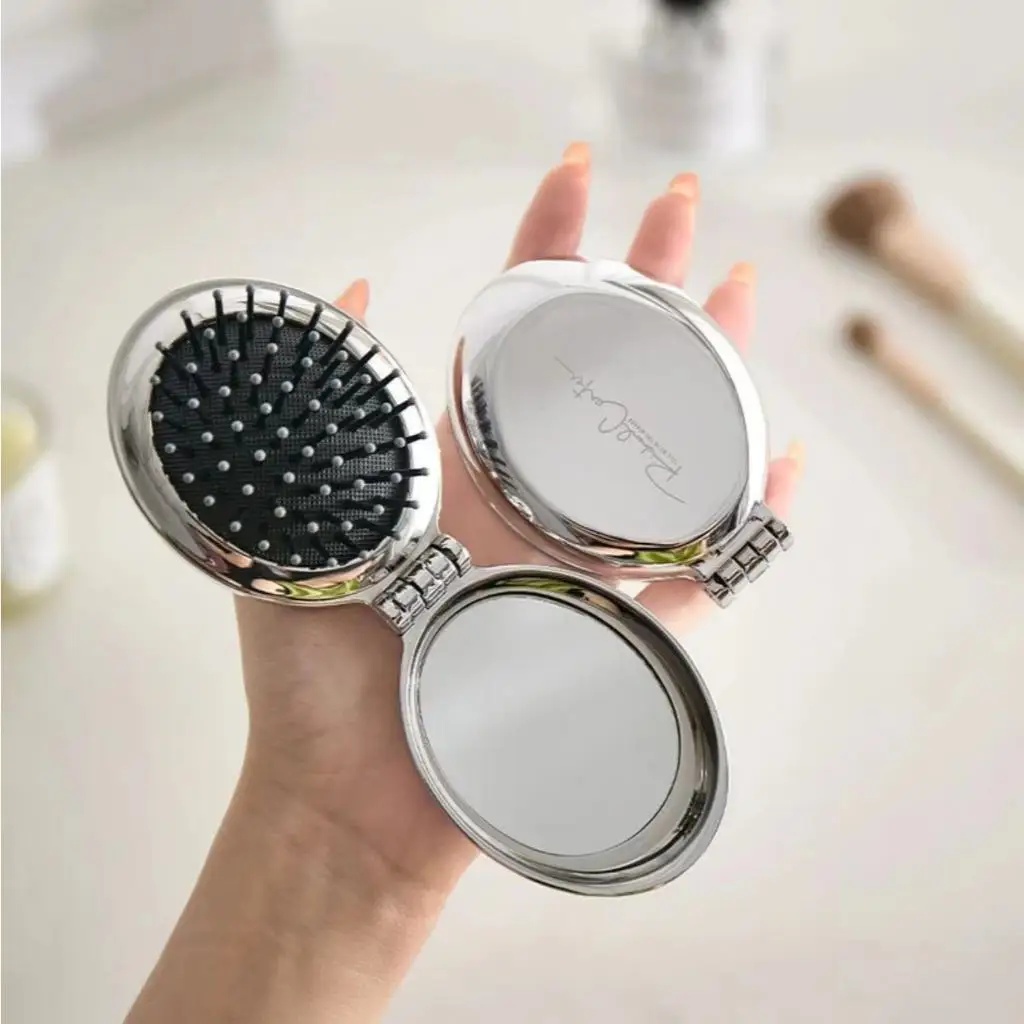 Women's Portable Pink Bow Hair Comb with Compact Mirror 2-in-1 Fashion Daily Beauty Accessory