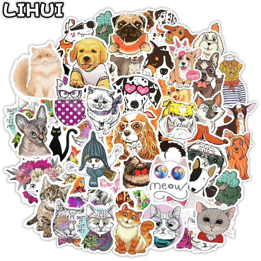 100 PCS Cartoon Cat Anime Stickers for Laptop Suitcase Bicycle Motor Helmet Waterproof Graffiti Dogs Stickers for Kid Gift Toy