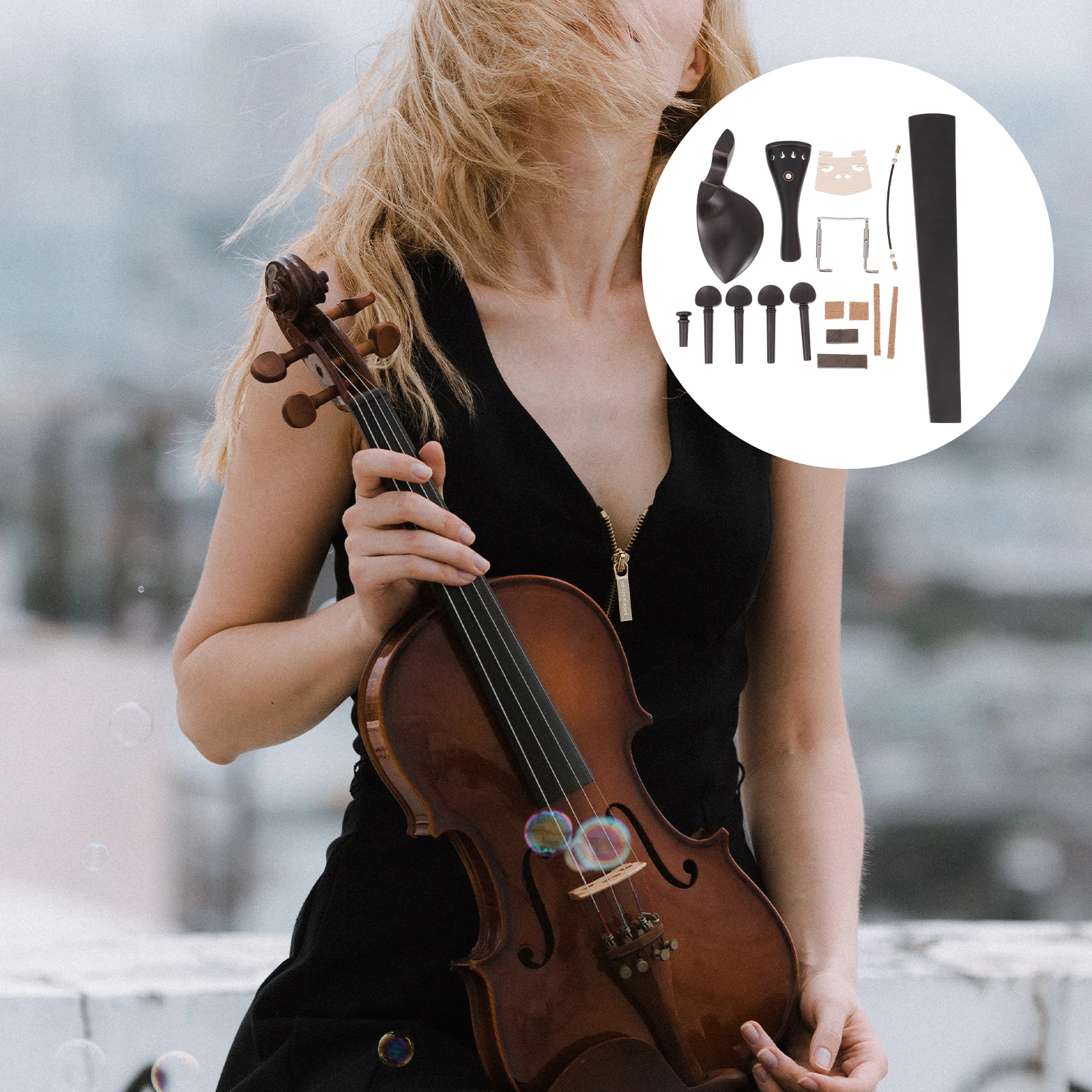 

9 Piece Ebony Violin Accessories Set 4 4 Clear Pattern Beautiful Piano Parts Durable Hardwood Complete Supplies Practical Violin