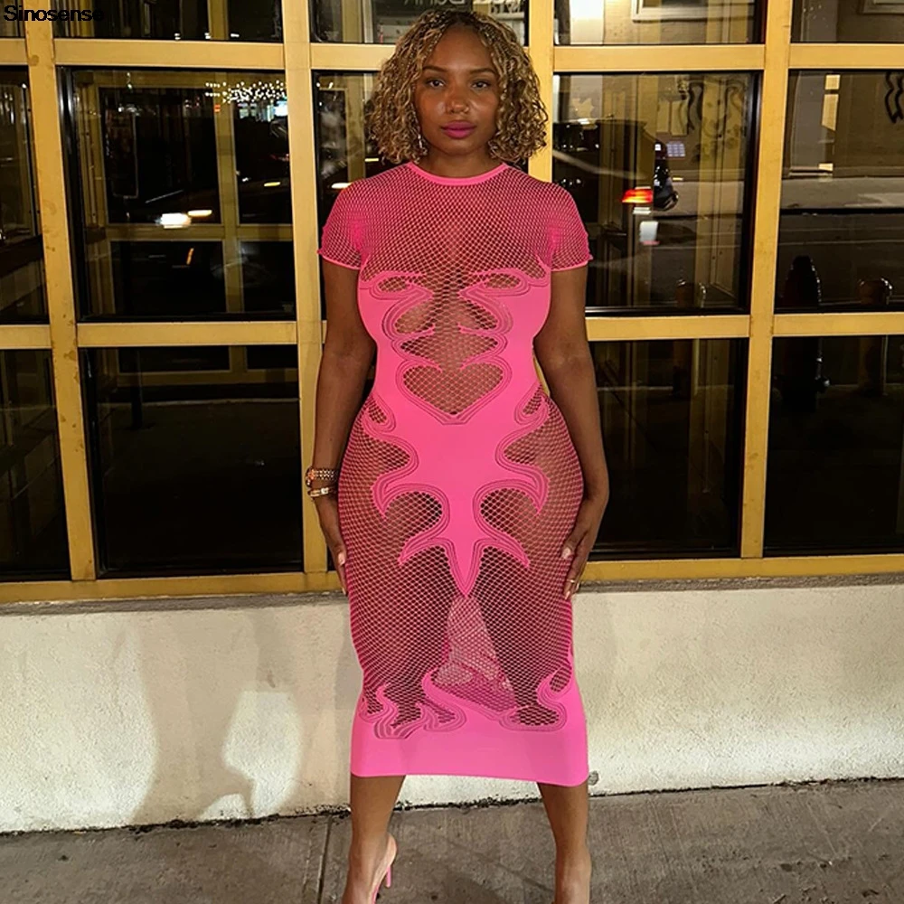 Vestido largo ajustado ahuecado transparente para mujer, vestido ajustado de manga corta con cuello redondo, vestido ajustado Y2K Street Date Night Out Club Party