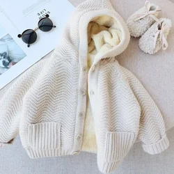 Winter Clothes for Girls Kids 2023 New Autumn Thicken Hooded Wool Wavy Grain Single Breasted Pockets All Match Solid Color