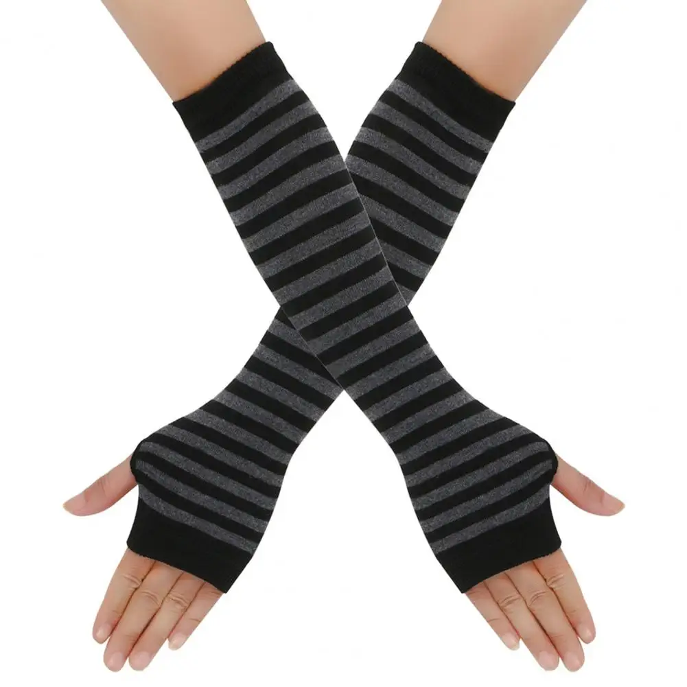 Trendy Hand Accessories Women's Striped Fingerless Gloves Knitted Elbow Mittens for Winter Soft Arm Warmers for Her for Women