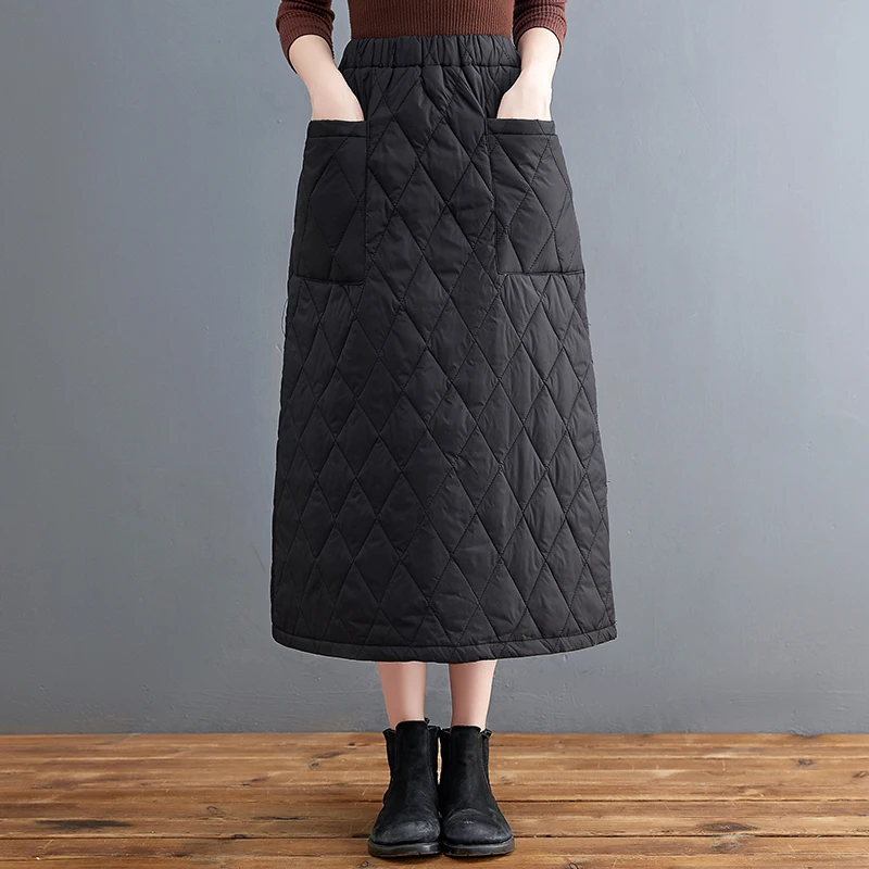 Thickened Cotton A-Line Midi Skirt Windproof Winter Long Skirt Half-length Casual Elastic Waist Pure Color Commute Style