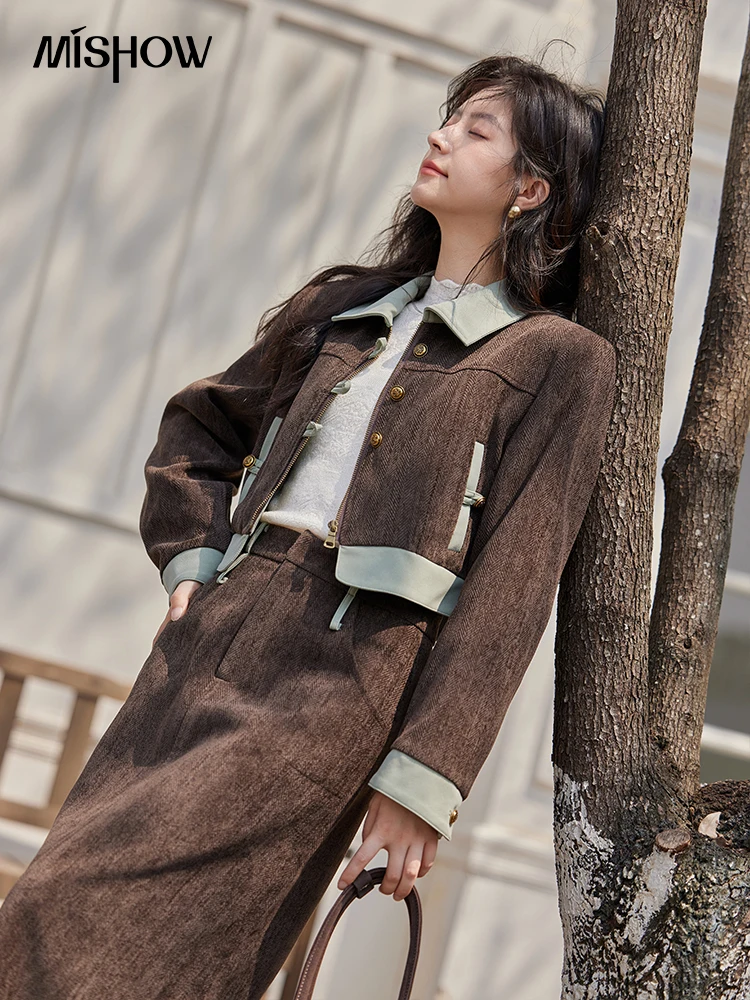 MISHOW Fragrant Jacket Rear Hem Slit Skirt Separately 2024 Winter Lapel Jackets Splicing Contrasting Leather Skirts MXD43W0444