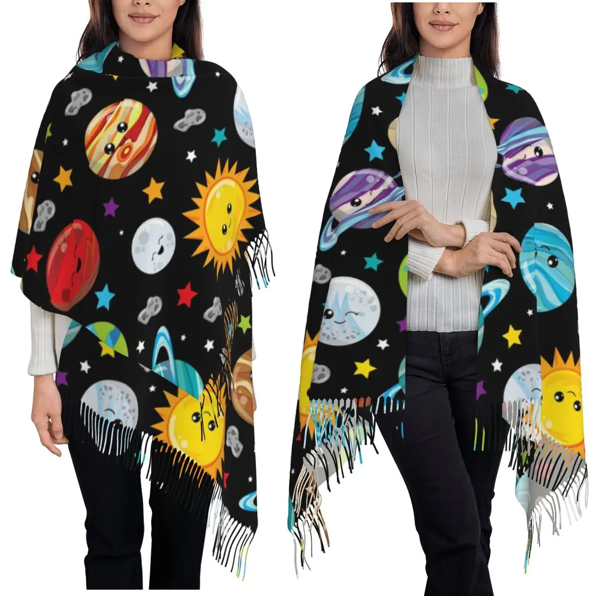 Kawaii Planets Cute Solar System Scarf Tassel Scarves for Women Soft Warm Shawls and Wraps Large Fall Winter Shawl Wrap