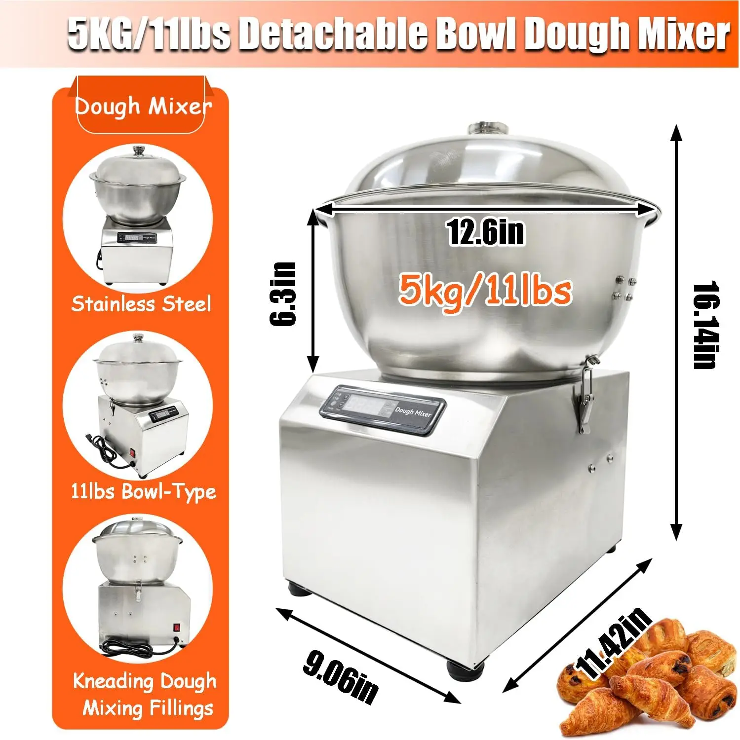انفصال حوض نوع عجّان 5 كجم/11LB الفولاذ المقاوم للصدأ الكهربائية آلة عجان الدقيق خلاط طعام 110 فولت 750 واط