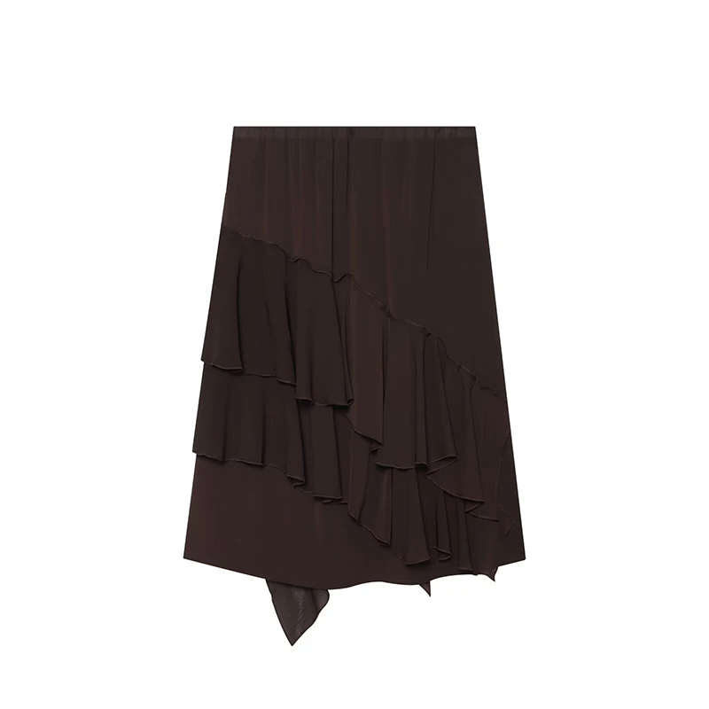 YENKYE Women's Dark Brown Asymmetric Ruffle Midi Skirt High Waist A-line Casual Summer Skirts Holiday Bottoms