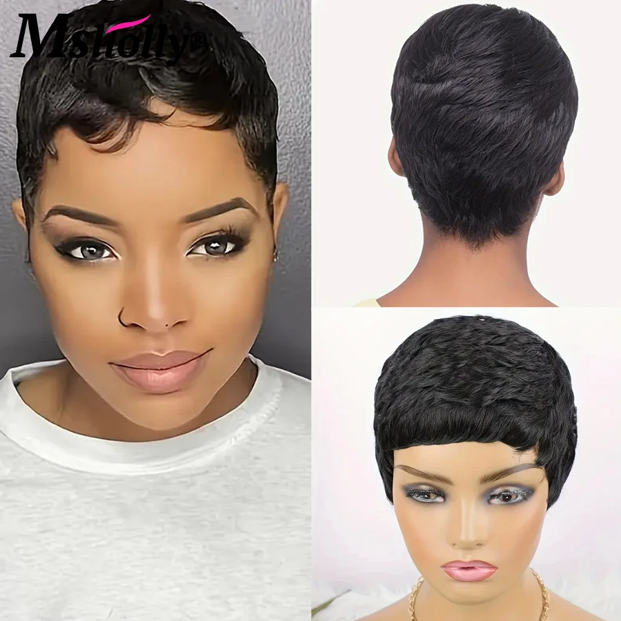 Pixie Cut Wig For Black Women Short 180% Density Full Machine Human Hair Wig Wavy Layered Pixie Cut Wigs Brazilian Remy Hair Wig