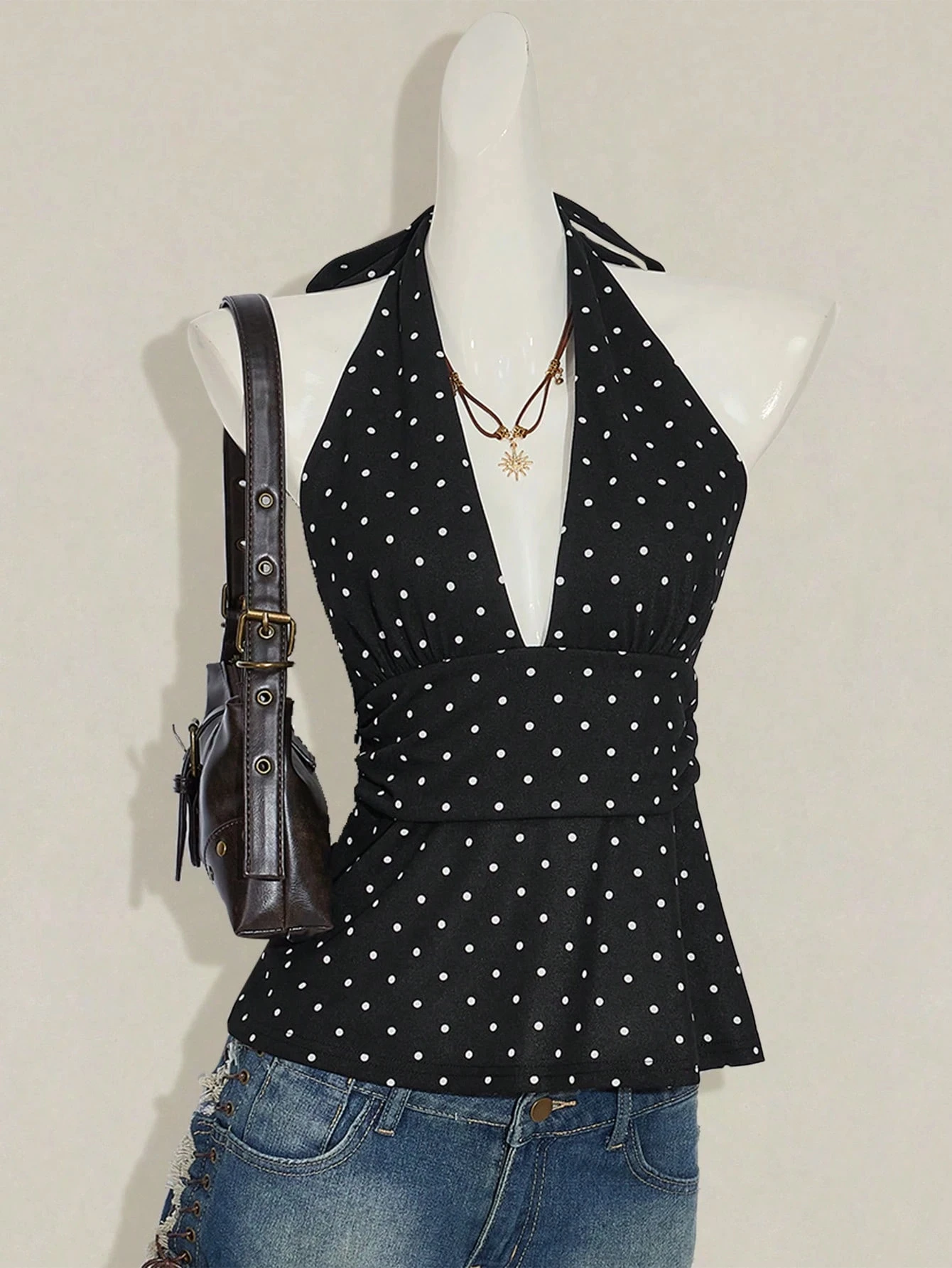 Damen-Top mit Polka Dots, rückenfreiem Trägertop und Taillenfalten-Design, verstellbarem Nackenträger und rückenfreiem Trägertop für Damen