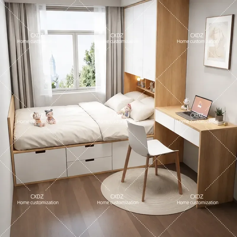 Customized solid wood small apartment wardrobe bed integrated space saving tatami storage bed hollowed out integrated simple