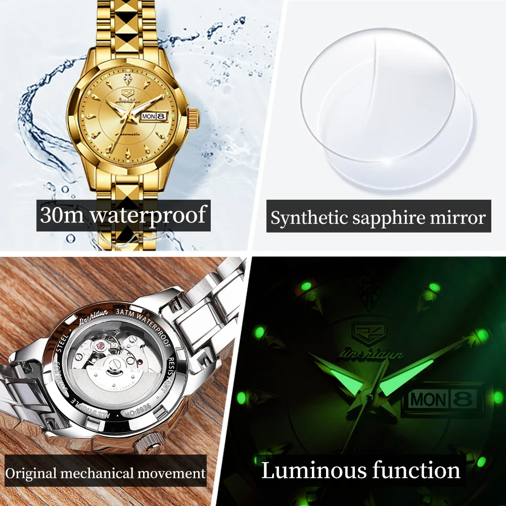 JSDUN 8936 Original Elegant Mechanical Woman Wristwatch Week Date Display Automatic Watch For Women Luxury Waterproof Watches