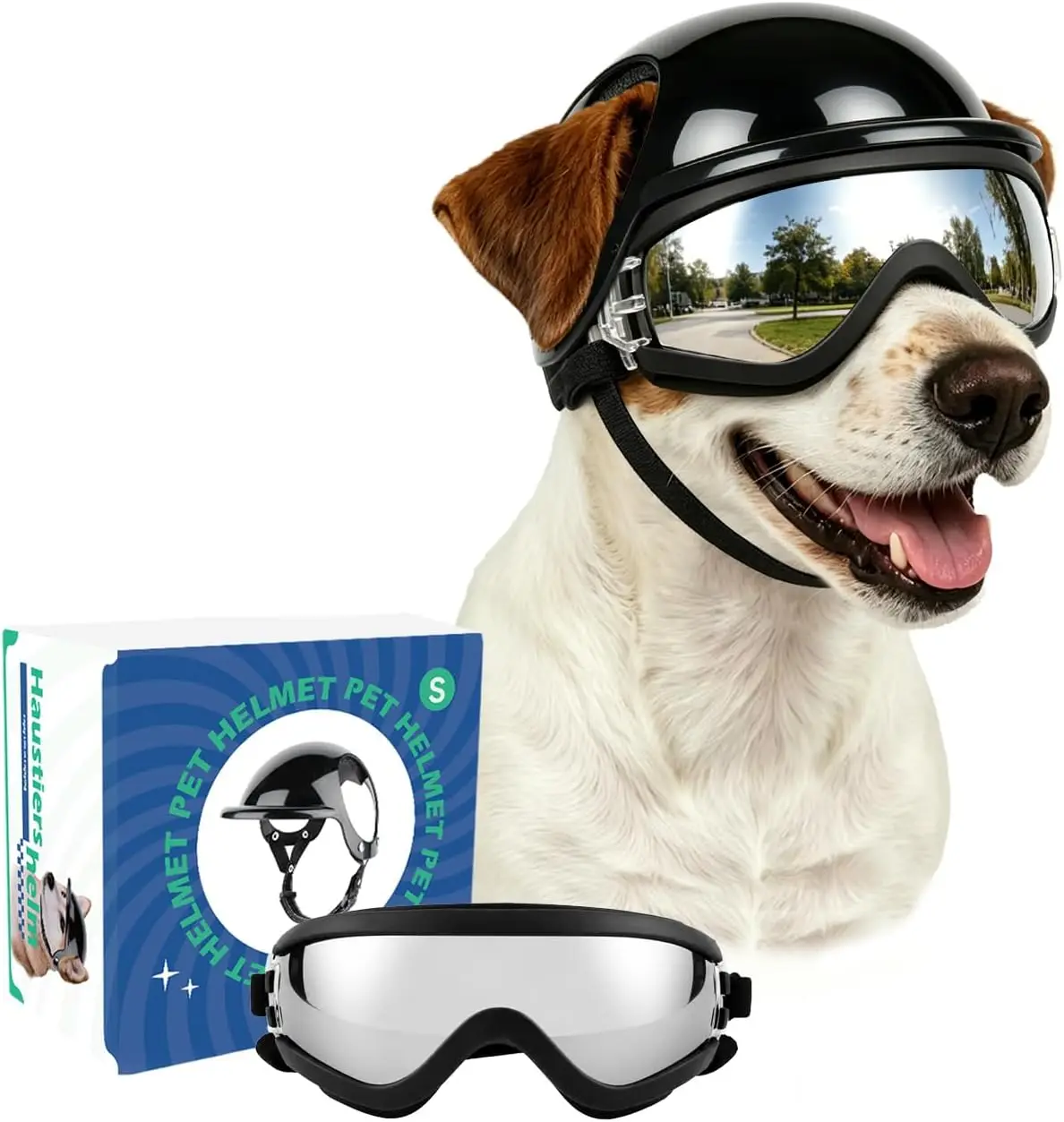 Small Dog Goggles Pet Helmet Set Sunglasses Anti-UV Windproof Safety Motorcycle Helmet with Ear Holes Head& Eyes Protection S
