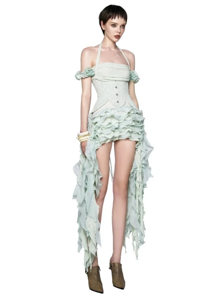 Women Ruffles Draped Dress Three Piece Sets Sexy Halter Neck Folds Ruffled Dress+Lace-up Corset Top+Shorts Suits Party Cocktail