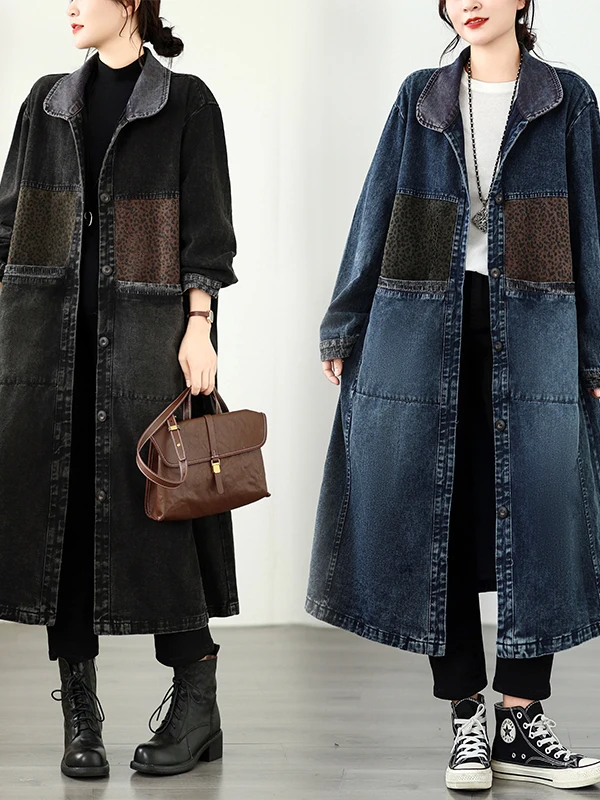 Loose Oversized Mid-Length Denim Jacket Autumn Outerwear Women's Casual Style Splicing Design Long Sleeve round Neck Coat