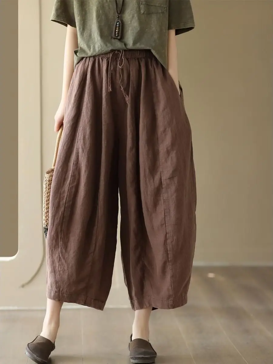 Taille haute coton lin décontracté neuf pièces pantalon ceinturé sarouel ample Vintage ample minceur lanterne pantalon été femmes...