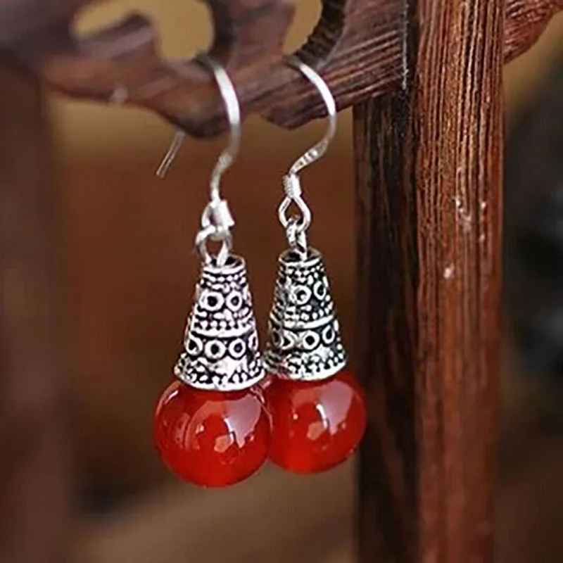 New Fashion Imitation Red Obsidian Drops Of Water Round  Earrings Natural Authentic Tower Red Agate Earrings Women\'s Jewelry