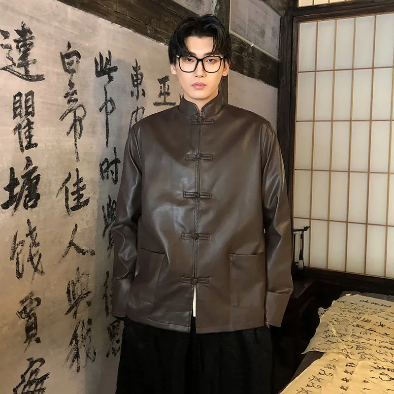 Men Minimalist Mandarin Collar Jacket Modern PU Leather Design Frog Button Front Long Sleeve Designer Spring Autumn Outerwear