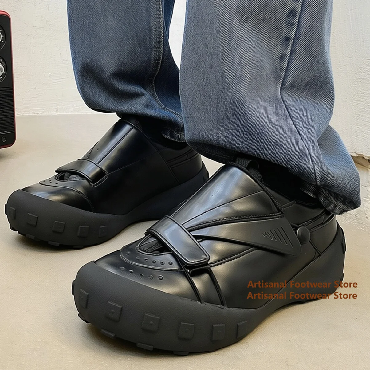 Tire Sole Black Leather Casual Shoes Men's Outdoor Hiking Derby Shoes Men's Loafers Height Increasing Trendy Men's Shoes