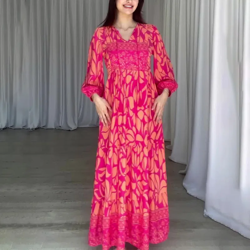 New V Neck Printed High Waisted Dress for Women Plus Size Retro Lantern Sleeve Gown Casual Loose Boho Vacation Long Dresses 2025