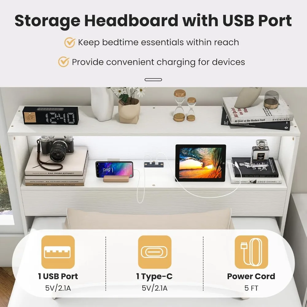 収納ヘッドボード、充電ステーション、LEDライト、スラットサポート付きの木製ツインサイズベッドフレーム