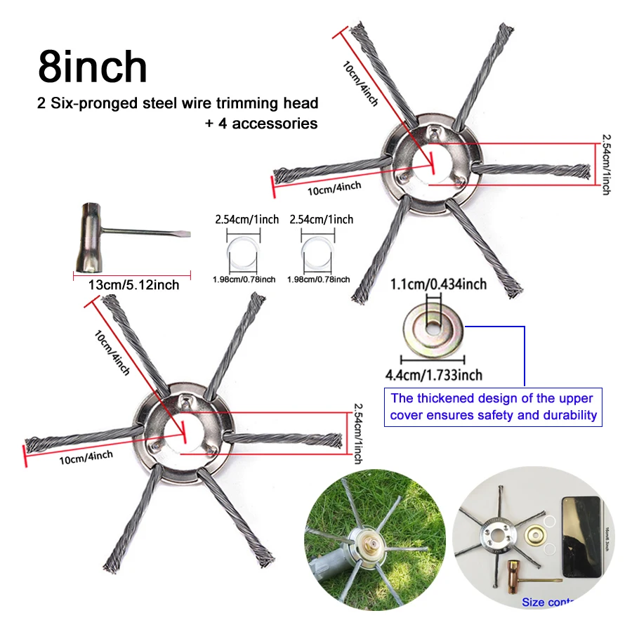 2Pc 8Inch Six-Claw Steel Wire Trimming Head 4 Accessories, Mounting Hole 1Inch for Garden Weeding,  Mowing, Lawn Trimming