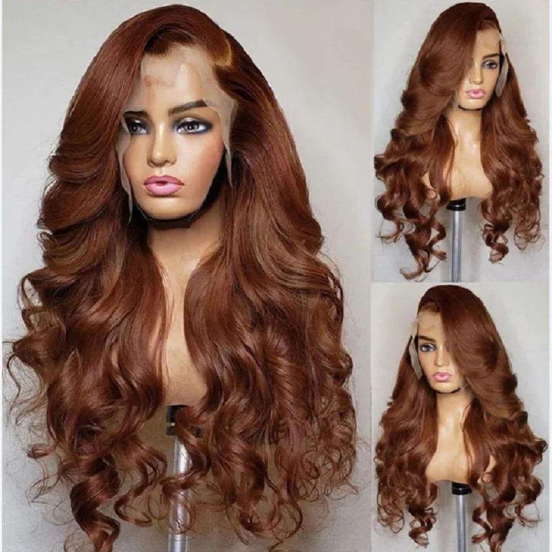 

Long Glueless Preplucked 26 Inch 180%Density Brown Body Wave Lace Front Wig BabyHair Heat Temperature Daily Cosplay