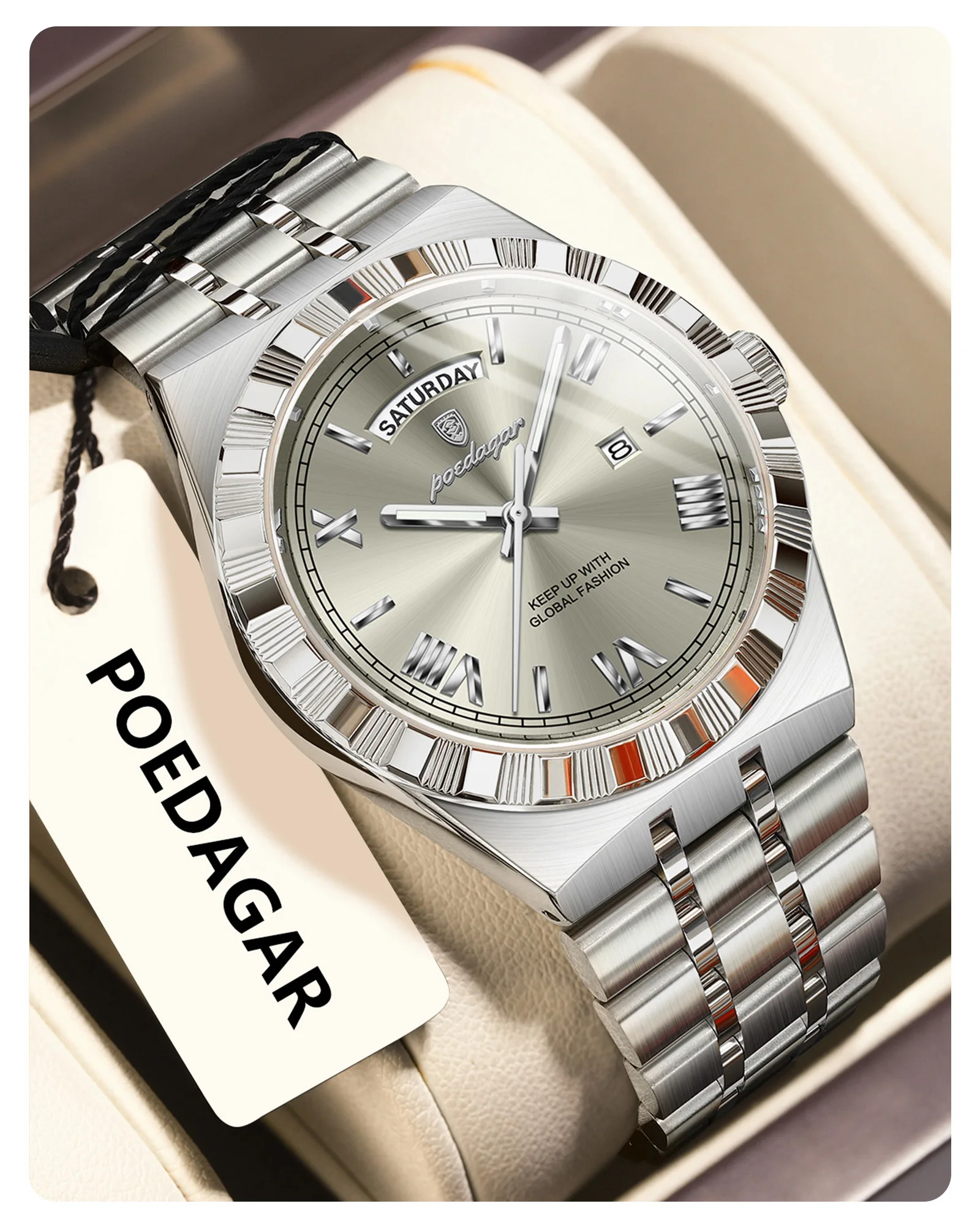 POEDAGAR Luxus Business Mann Uhr Woche Datum Wasserdicht Leuchtende Uhren Für Männer Edelstahl Quarz Mode männer Armbanduhr – Detail 5