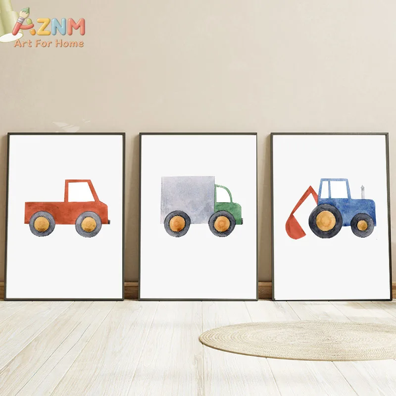 AZNM Watercolor Cartoon Truck Canvas Print Pickup Van Bulldozer Tractor Simple Colorful Vehicle Minimalist Wall Poster Unframed