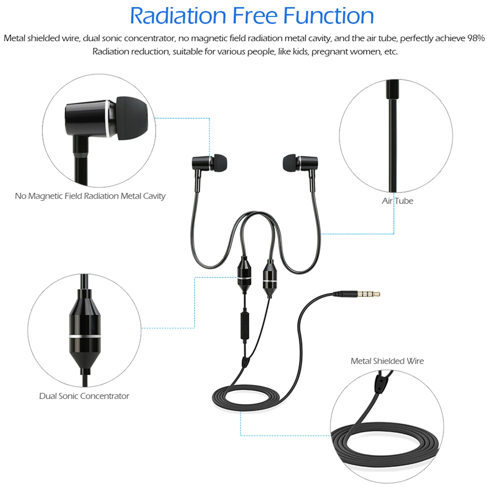 FC12 Stereo Music Headset Air Tube 3.5mm Anti-radiation Earphone In-ear Headphone Noise Reduction Line Control w/ Mic for Phone