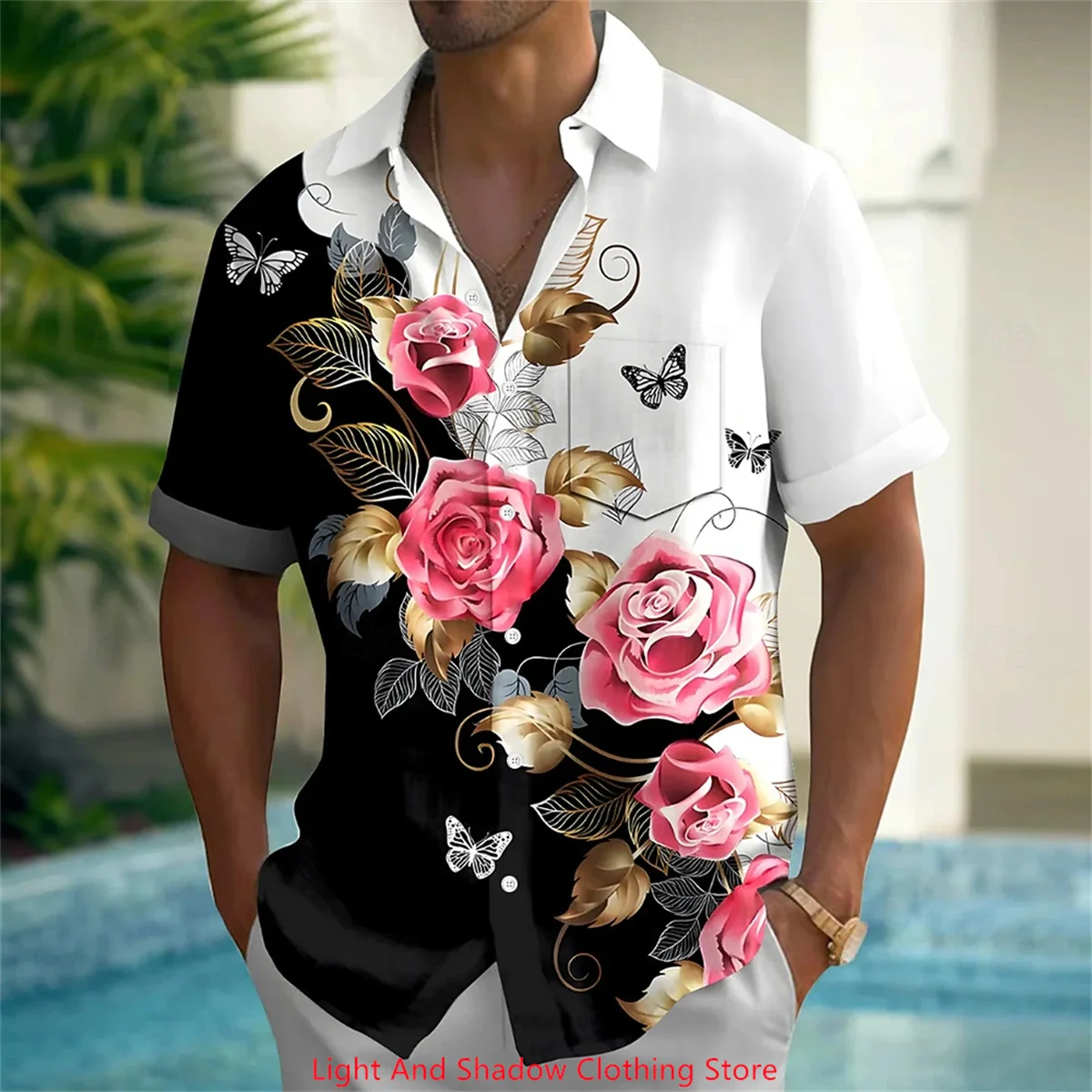 

Men's Rose Blossom Pattern Printed Shirt Hawaii Short Sleeve Casual Comfortable Shirt Fashion Men's Short Sleeve Button Top