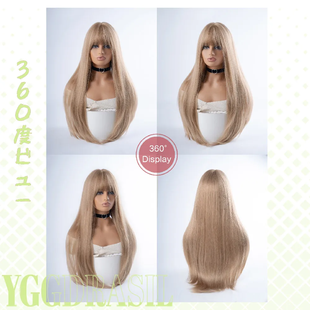 باروكة صناعية بنمط كلاسيكي بني ذهبي فاتح بطول 30 بوصة مع غرة شعر طبيعي طويل مستقيم للنساء للاستخدام اليومي مقاوم للحرارة #5