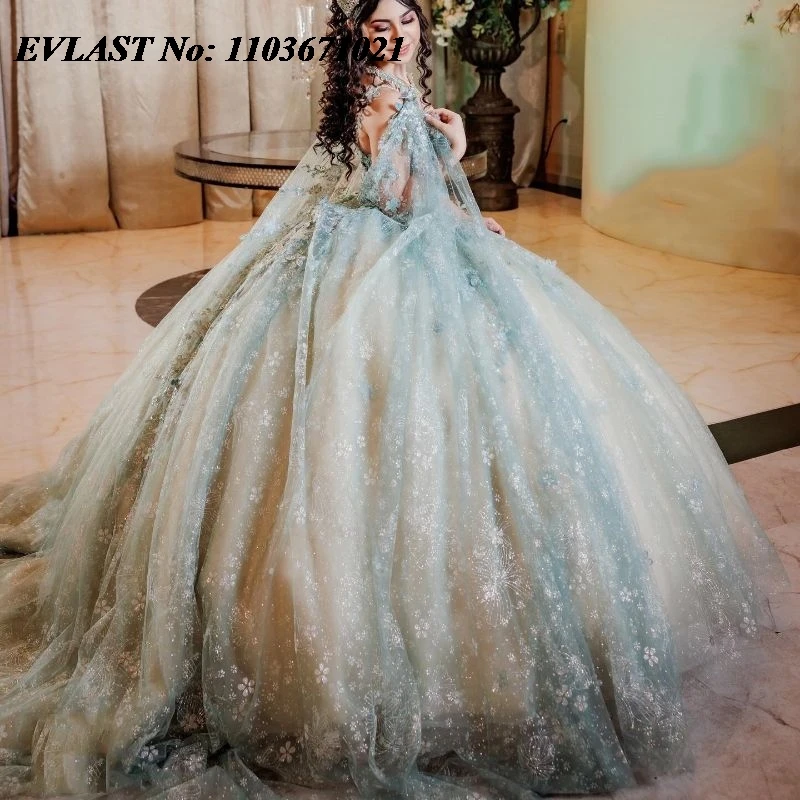 

EVLAST Mexico Sage Green Quinceanera Dress Ball Gown 3D Floral Applique Beaded With Cape Sweet 16 Gown Vestido De 15 Anos SQ254